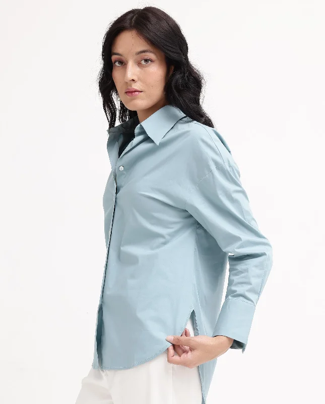 Rareism Women'S Matsue Light Blue Cotton Fabric Full Sleeve Collared Neck   Solid Shirt