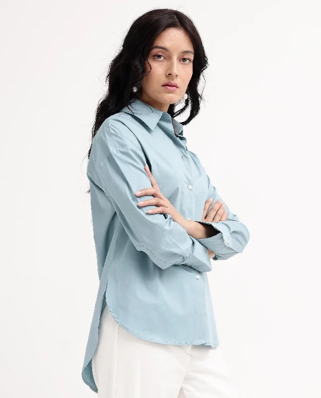 Rareism Women'S Matsue Light Blue Cotton Fabric Full Sleeve Collared Neck   Solid Shirt