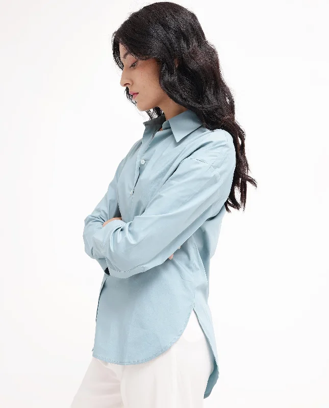 Rareism Women'S Matsue Light Blue Cotton Fabric Full Sleeve Collared Neck   Solid Shirt