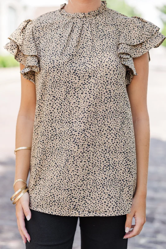 On My Heart Taupe Brown Spotted Leopard Print Blouse