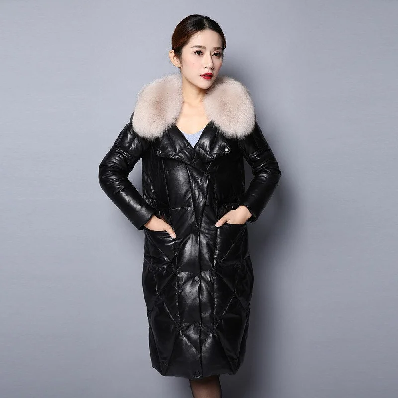 Real Sheep Leather Down Coat for Women Winter Long Overcoat Hood Jackets 151245