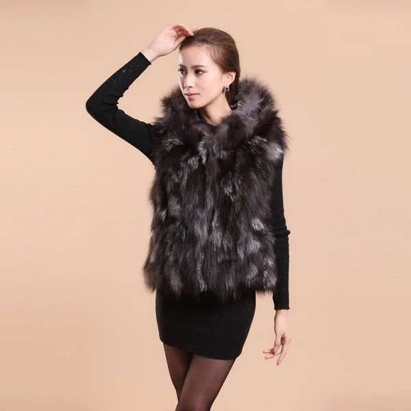 natural Silver Fox Fur Vest with Big Hood Waistcoat In Fashion Jacket