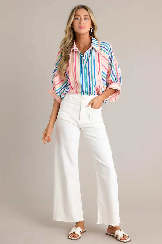 Simple Sophistication Rainbow Stripe Button Front Top