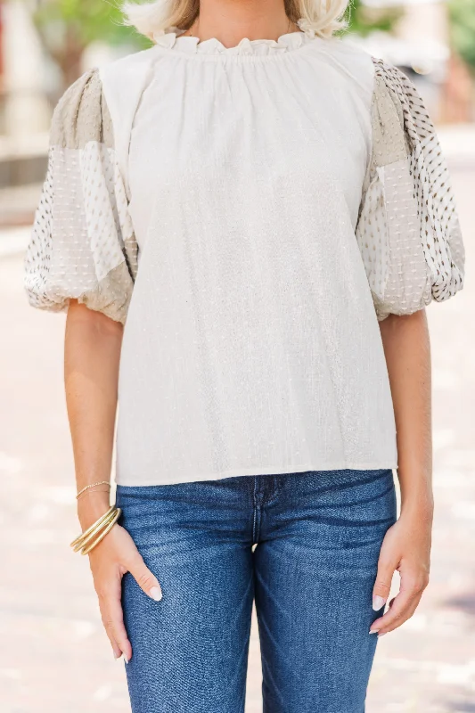 THML: Find Your Happiness Cream White Textured Blouse