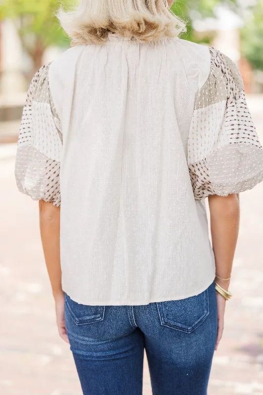 THML: Find Your Happiness Cream White Textured Blouse