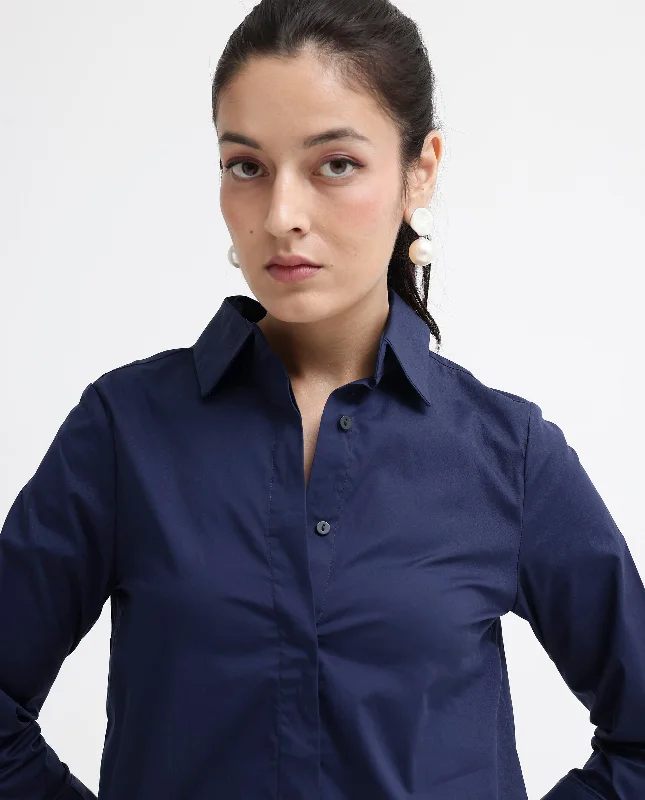 Rareism Women'S Tottori Dark Blue Cotton Fabric Full Sleeve Collared Neck   Solid Shirt