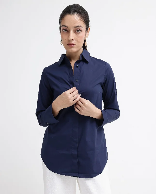 Rareism Women'S Tottori Dark Blue Cotton Fabric Full Sleeve Collared Neck   Solid Shirt