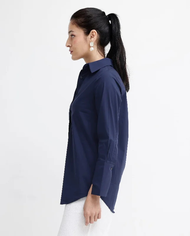 Rareism Women'S Tottori Dark Blue Cotton Fabric Full Sleeve Collared Neck   Solid Shirt