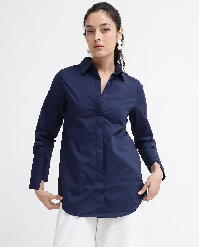 Rareism Women'S Tottori Dark Blue Cotton Fabric Full Sleeve Collared Neck   Solid Shirt