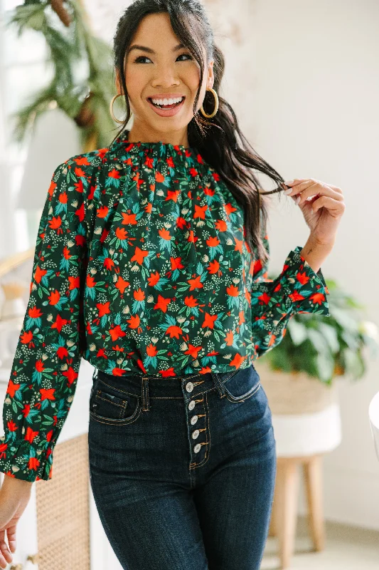 Tried And True Emerald Green Floral Ruffled Blouse