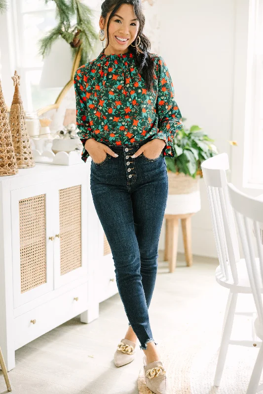 Tried And True Emerald Green Floral Ruffled Blouse