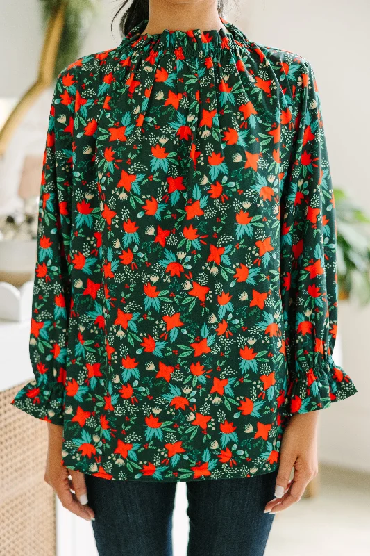 Tried And True Emerald Green Floral Ruffled Blouse