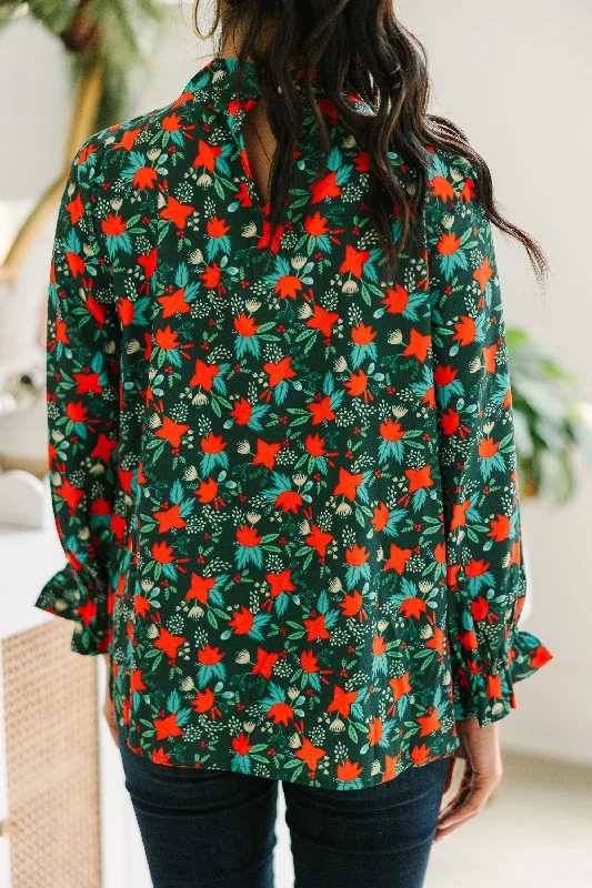 Tried And True Emerald Green Floral Ruffled Blouse