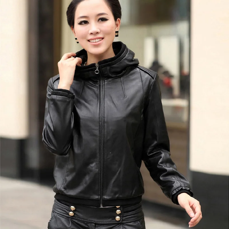 Genuine Sheep leather jacket coat with hoodie decoration for women winter 14107