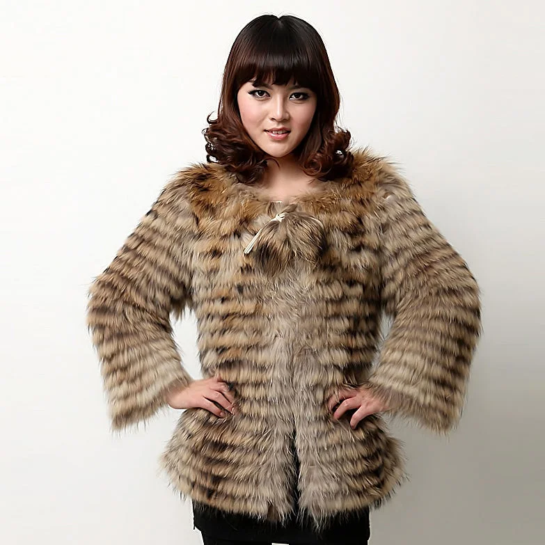 Real Raccoon fur stripes Coat jacket for women with Pom Pom Decoration 161124