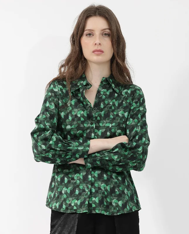 Rareism Women'S Unio Dark Green Polyester Fabric Full Sleeves Button Closure Shirt Collar Regular Fit Geometric Print Shirt