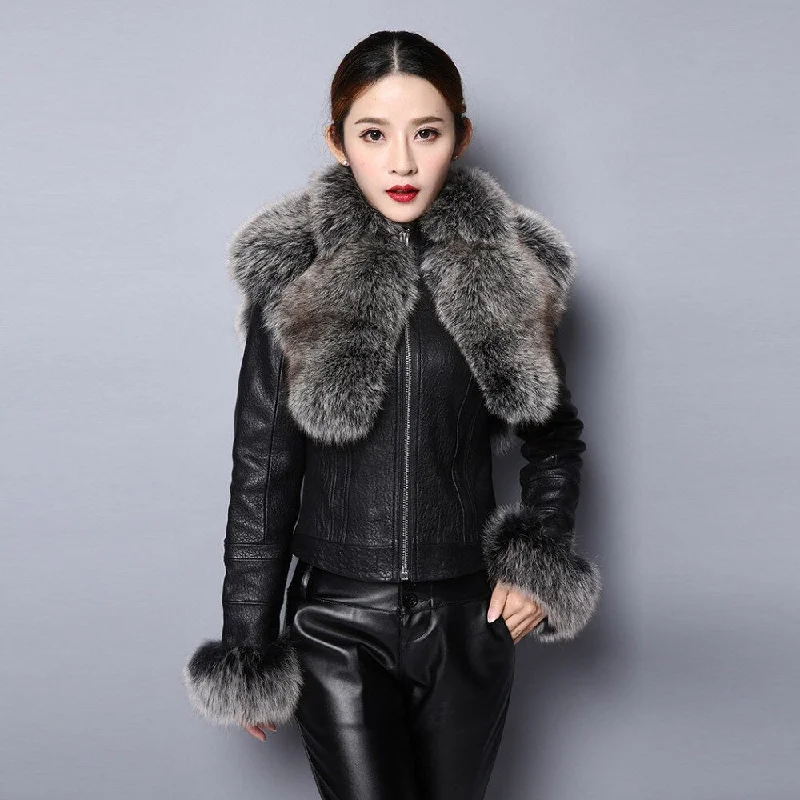 Women Fur Coat Real Sheep Leather Jacket Female Genuine Leather Coat 151247