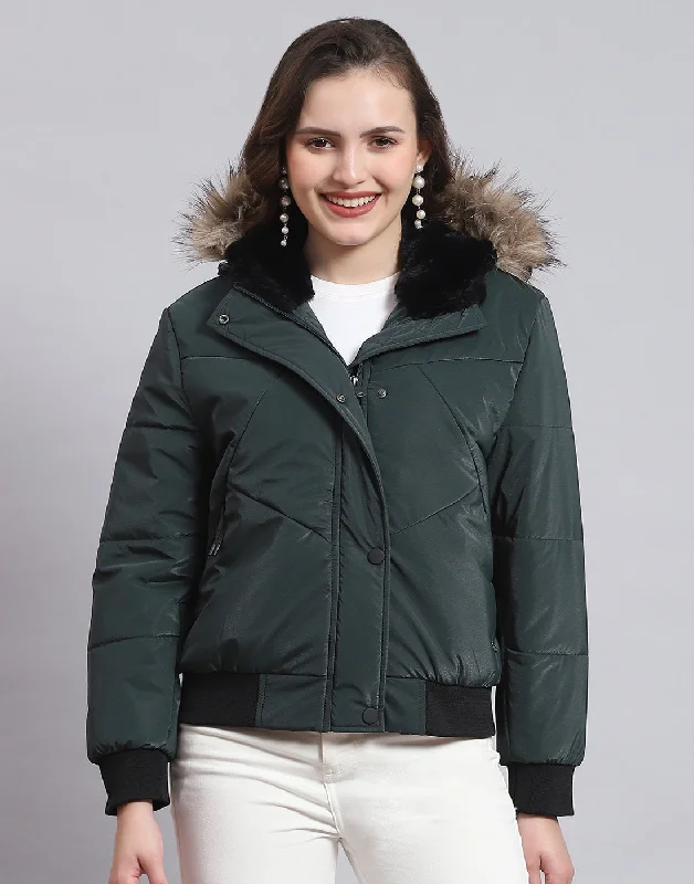 Women Green Solid Hooded Full Sleeve Jacket