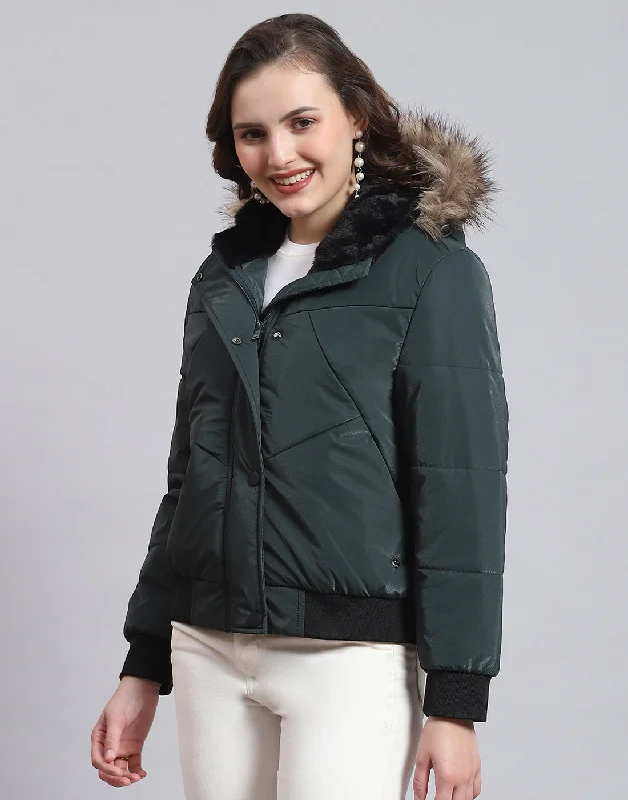 Women Green Solid Hooded Full Sleeve Jacket