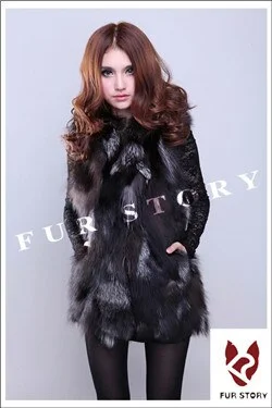 Women Hood Silver Fox Fur Vest Long Waistcoat Jacket Coat Garment