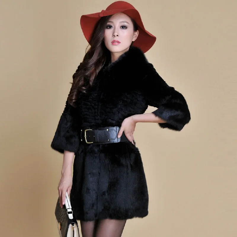 Women's  Real Rabbit Fur Coat Fox Fur Collar Jacket Overcoat winters Coat 13071