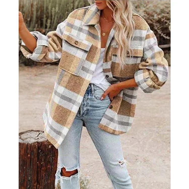 Women lapel loose plaid thickened woolen jacket