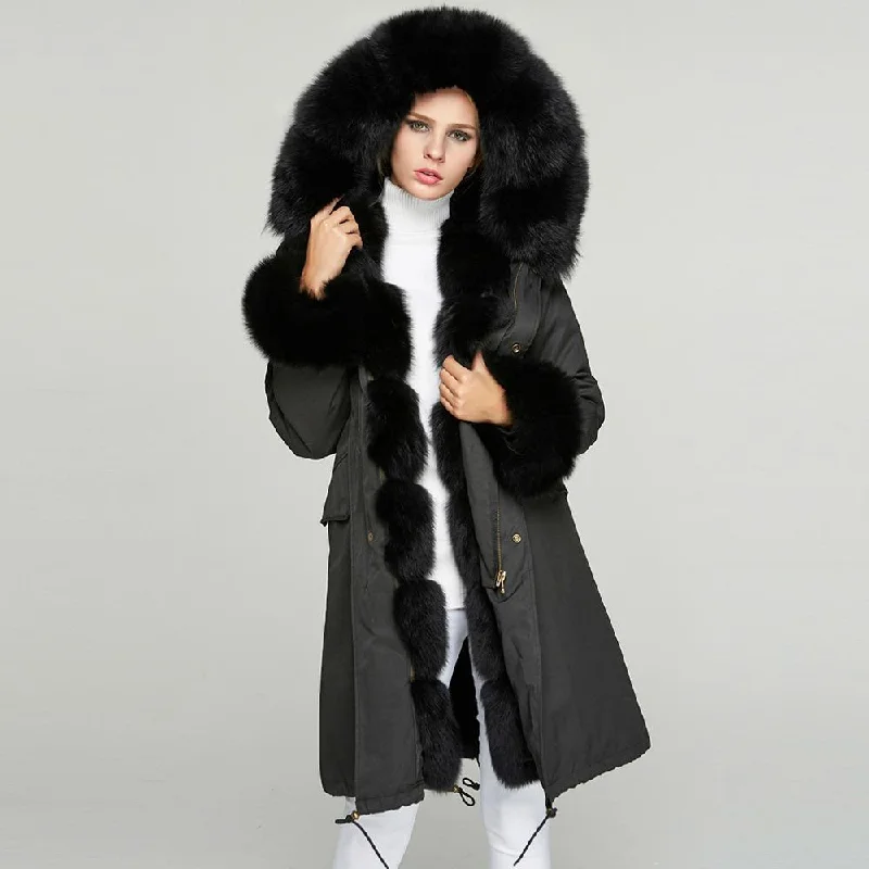 Fur Story FS18113 Women's Windproof Long Parka Detachable Rabbit Fur Lining Big Hood Jacket Fur Cuffs and Placket