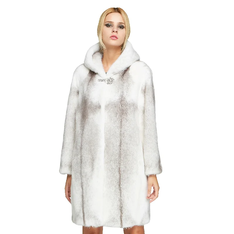 Fur Story FS18120 Women's Genuine Mink Fur Long Coat with Fur Hood Winter Warm Jacket