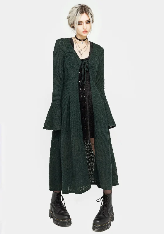 Xana Textured Tie Front Long Cardigan - Green