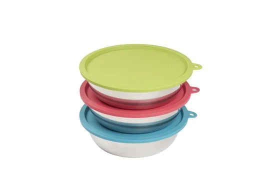 6pc Set with Three Stainless Steel Bowls and Three Silicone Lids