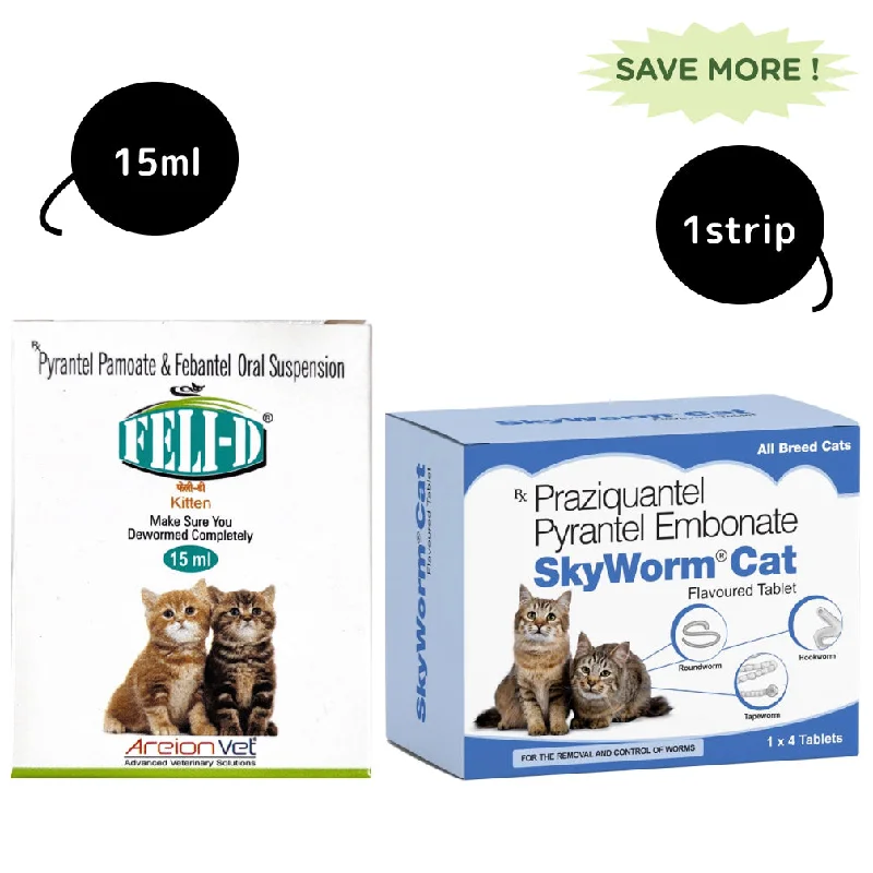 Areion Vet Feli D Kitten Deworming Suspension (15ml) and Skyec Skyworm Cat Tablet (pack of 4 tablets) Combo