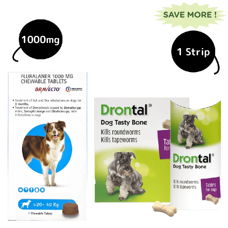 Drontal Plus Tasty Deworming Tablet (pack of 6 tablets) and MSD Animal Health Bravecto (20-40kg) Combo